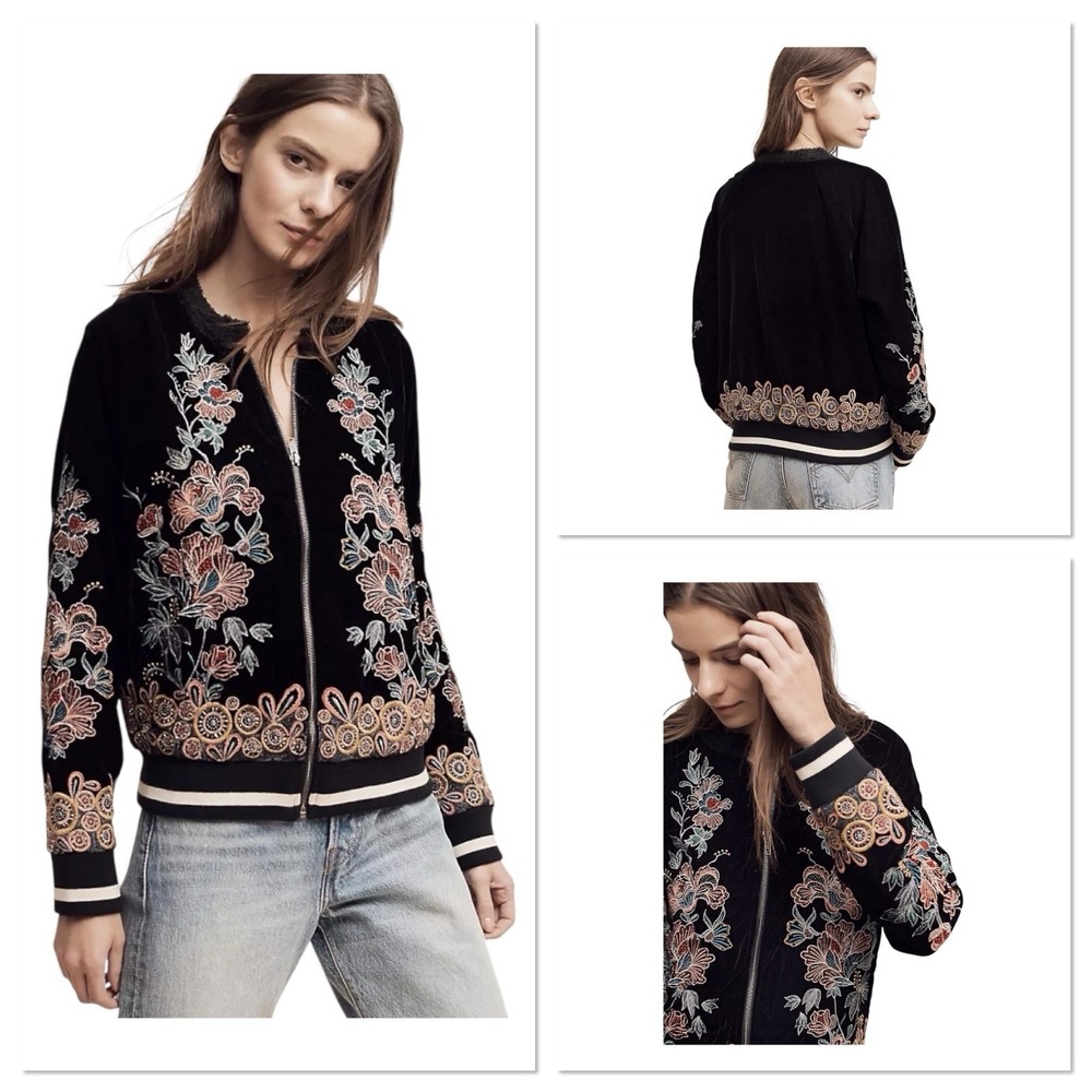 Anthropologie Elevenses Black Velvet‎ Embroidered Bomber Jacket Full Zip Medium